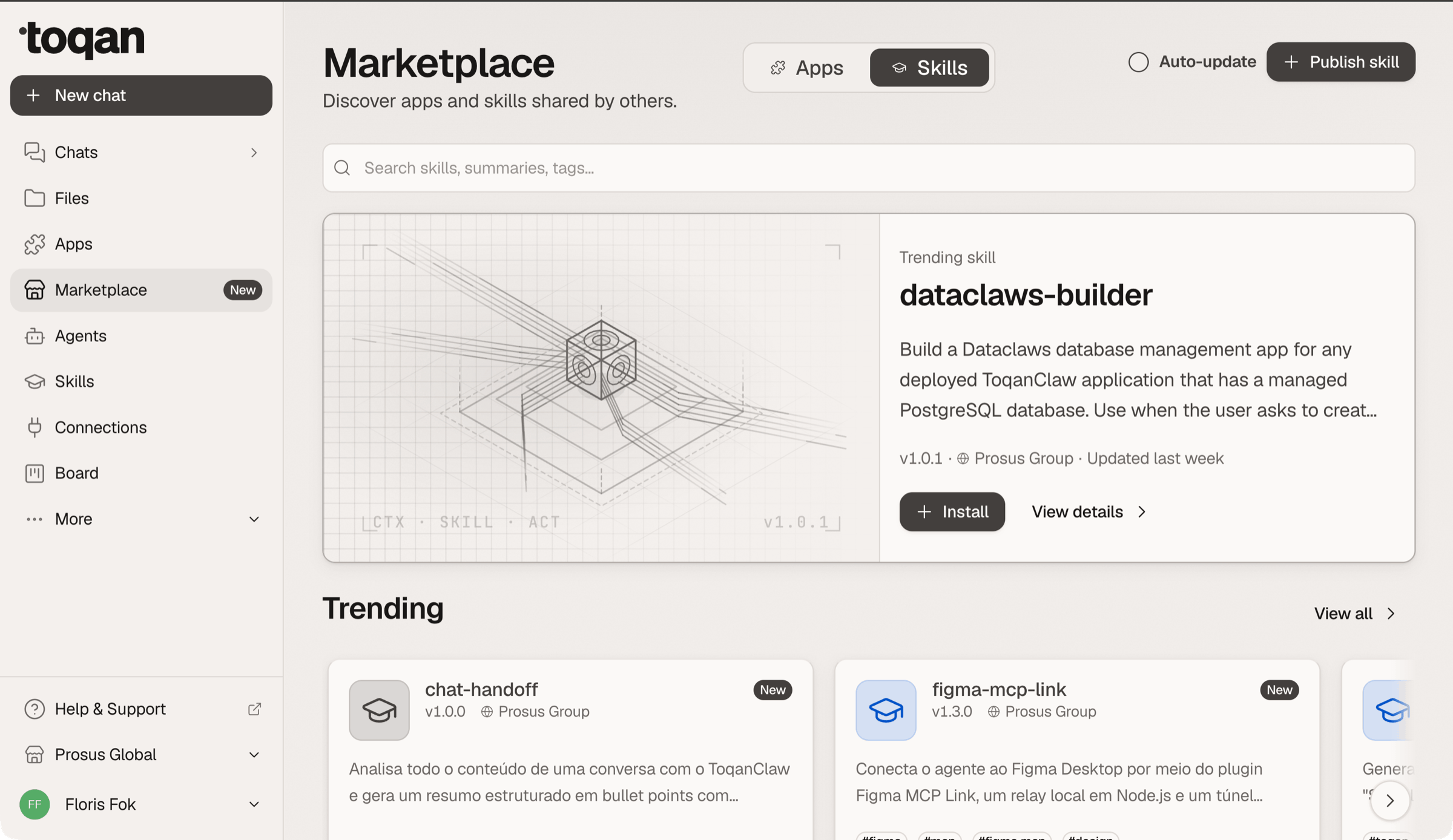 The Toqan Marketplace on the Skills tab, showing skills published across Prosus with install buttons, version numbers and Prosus Group attribution